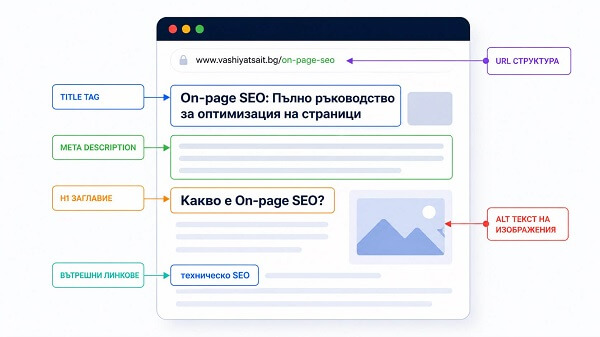 On-page SEO елементи — title tag, meta description, H1 заглавие, вътрешни линкове, URL структура